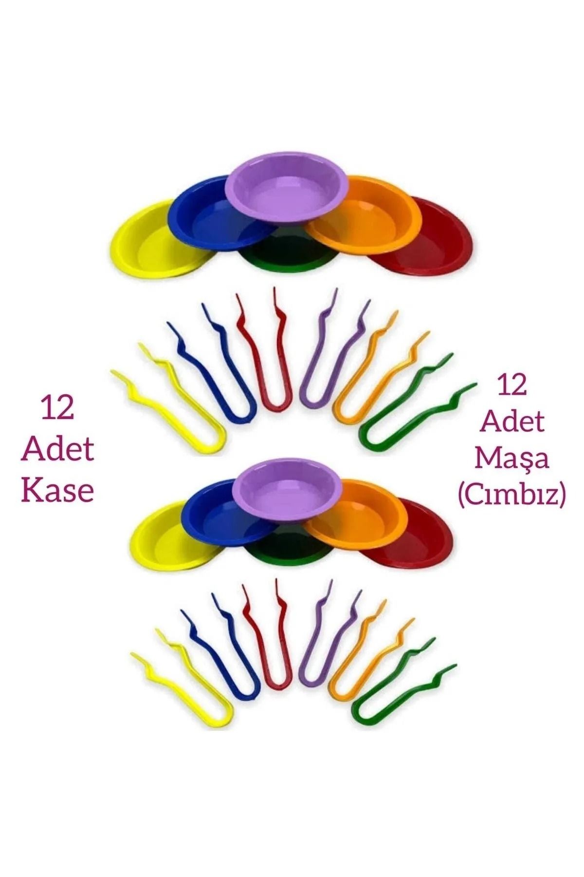 Eğitici Montessori Aktarma Seti 24 Parça, Kase Ve Cımbız Seti, Kase Ve Maşa Seti 12+12(24 Parça)