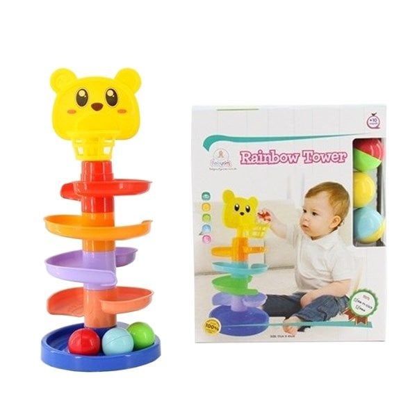 Gökkuşağı Katlı Kule Kaydırak Çıngıraklı Toplu Basket Oyunu 3 Adet Çıngıraklı Top 5 Katlı Kule